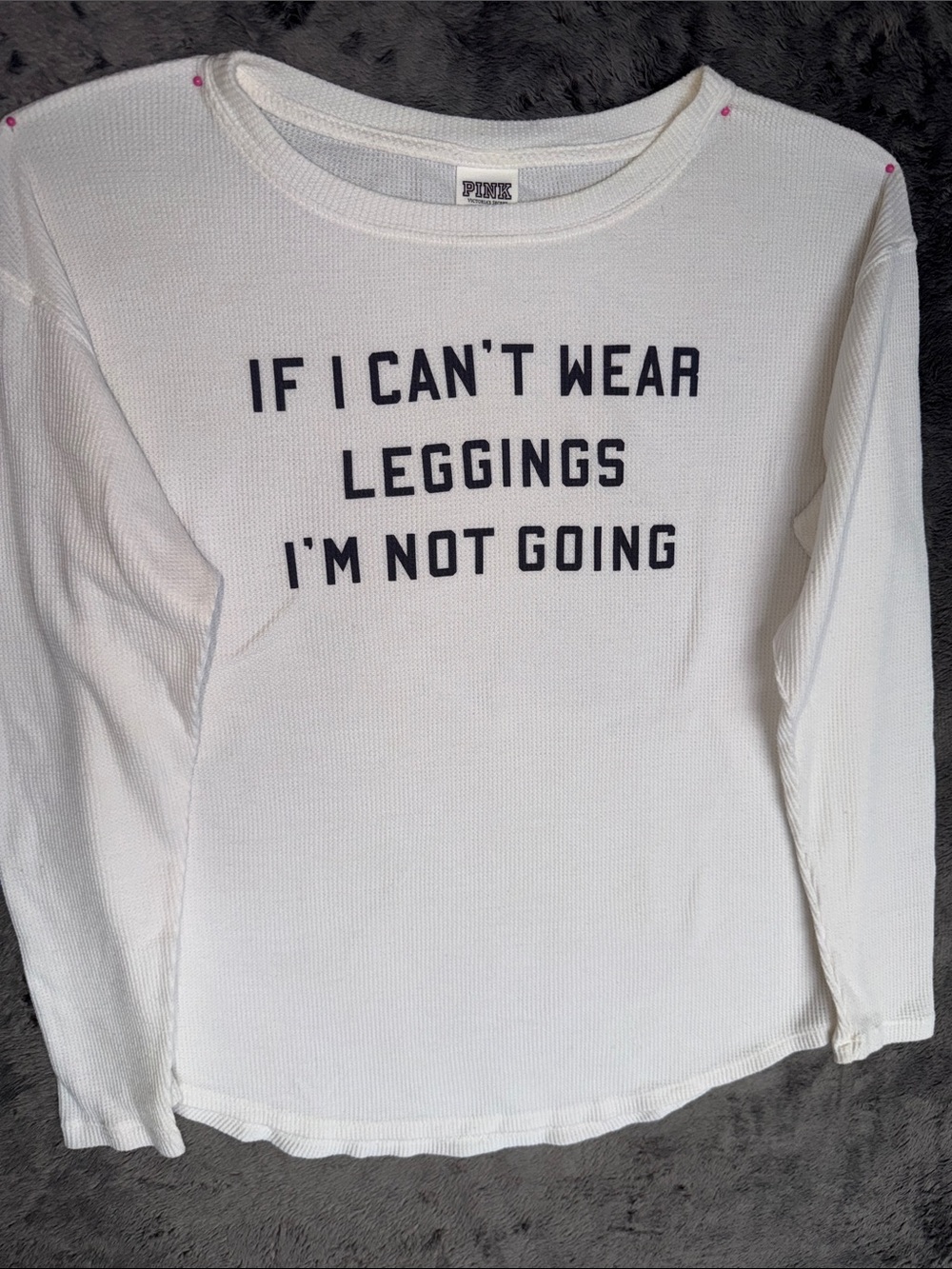 PINK Victoria's Secret White Waffle Long-Sleeve Tee with Navy Slogan - Picture 3 of 5